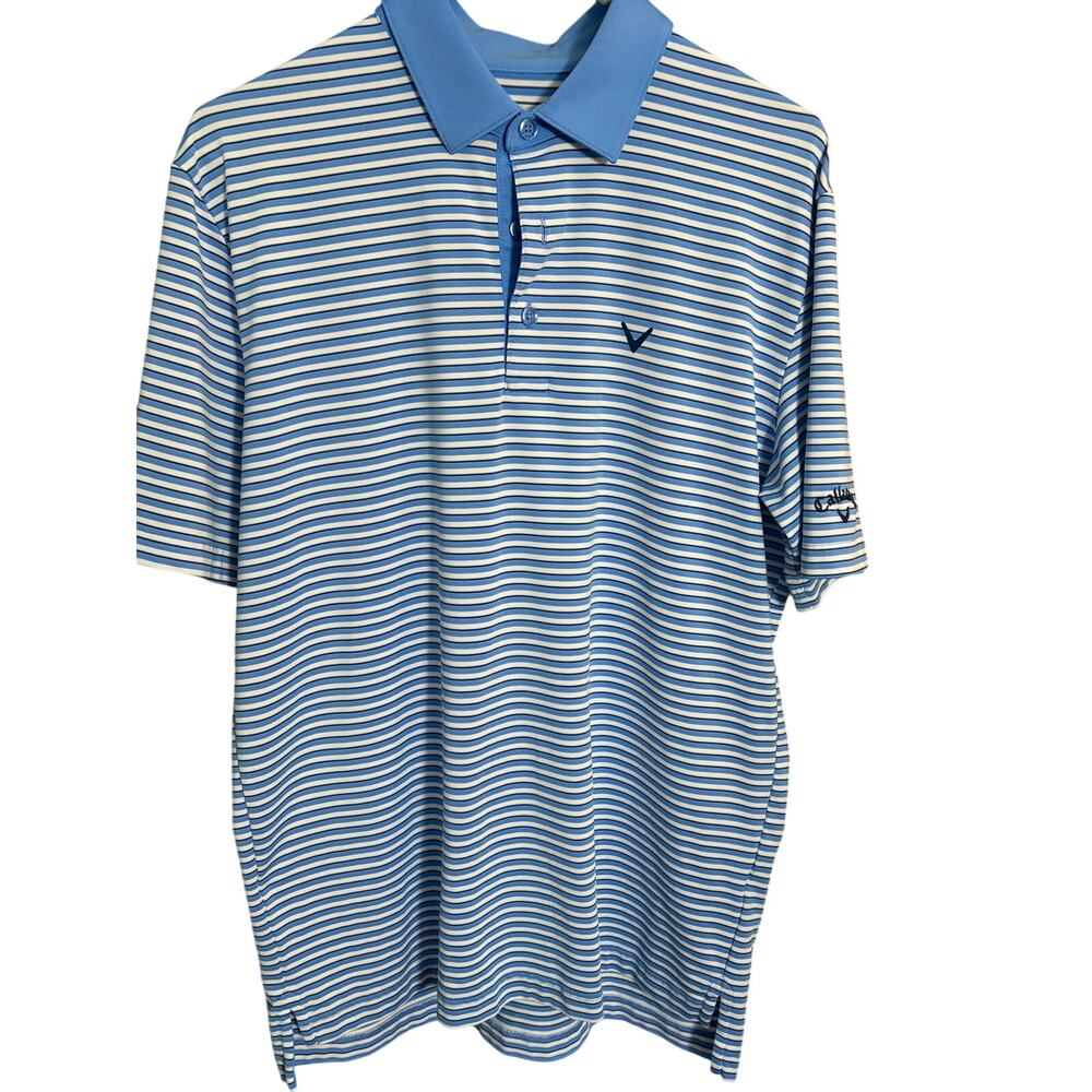 Callaway Opti Dri Polo Shirt Men's Medium Blue Striped Golf Performance Shirt